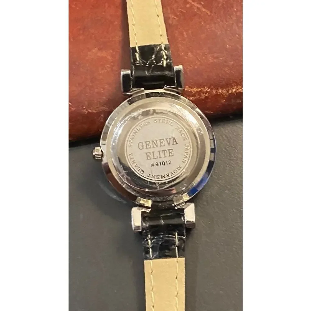 Women's 30mm Silver tone Geneva Elite Watch, Black Band